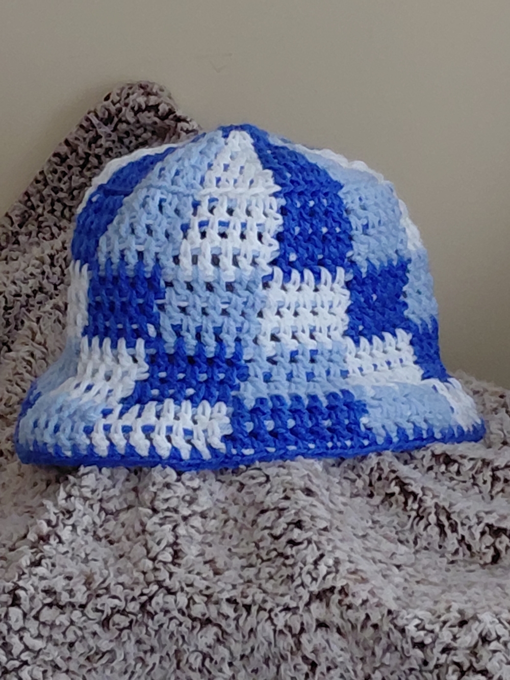 Handmade Blue Check Crochet Bucket Hat